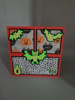 Halloween Grußkarte Kürbisse, Katzen und Leuchtsticker
